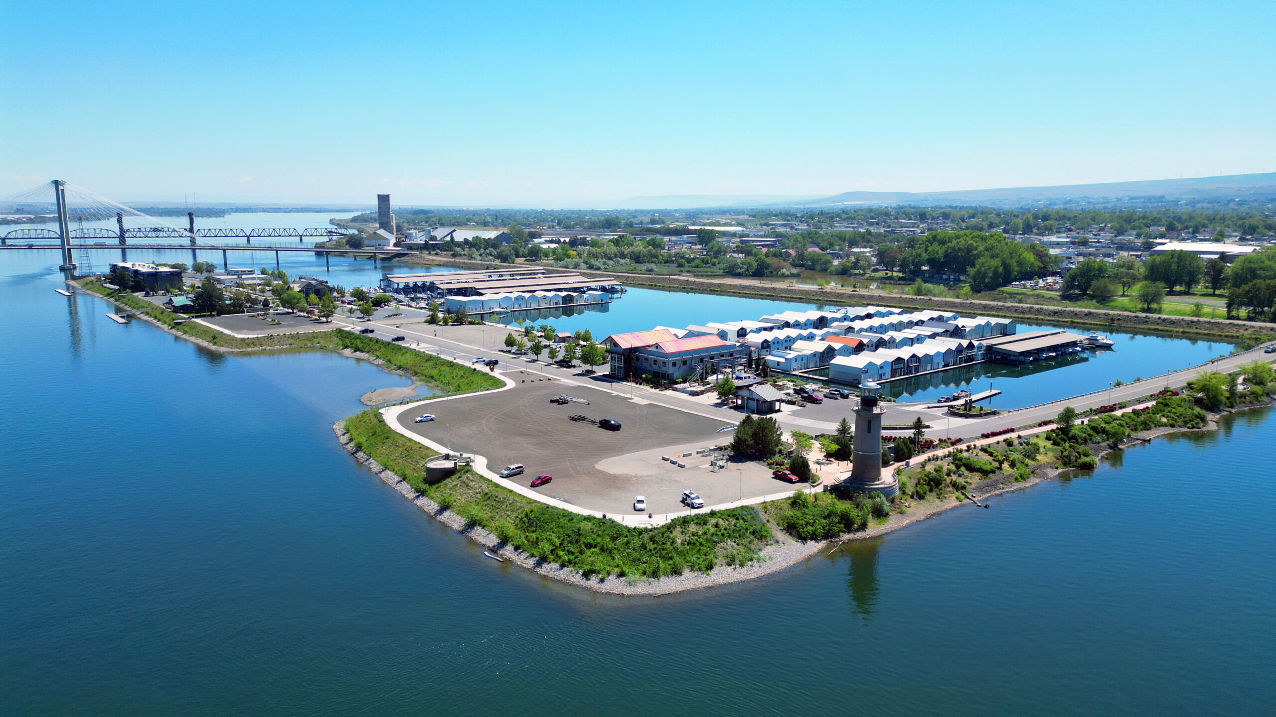 Aerial of Clover Island following the shoreline restoration project improvements.