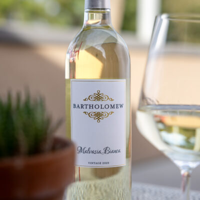 Malvasia Bianca 2023 white wine from Bartholomew Winery at Bartholomew patio at Columbia Gardens Wine and Artisan Village