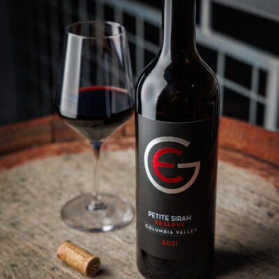 Petite Sirah Reserve from Gordon Estate Winery on top of barrel at Gordon Estate Winery patio