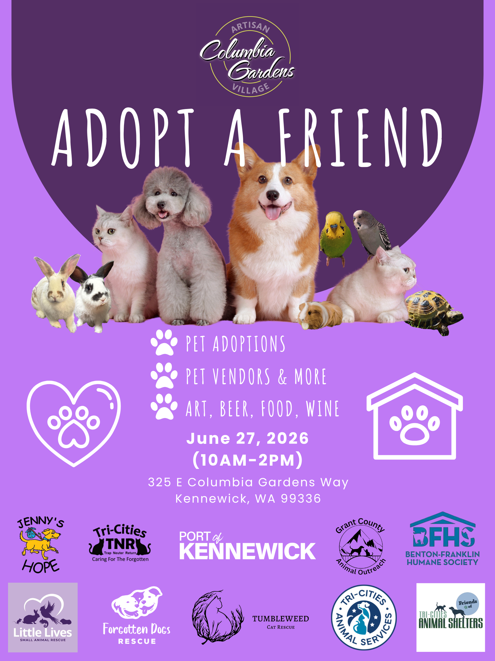 Adopt A Friend Event Flyer 6.27.26 at Columbia Gardens Artisan Village