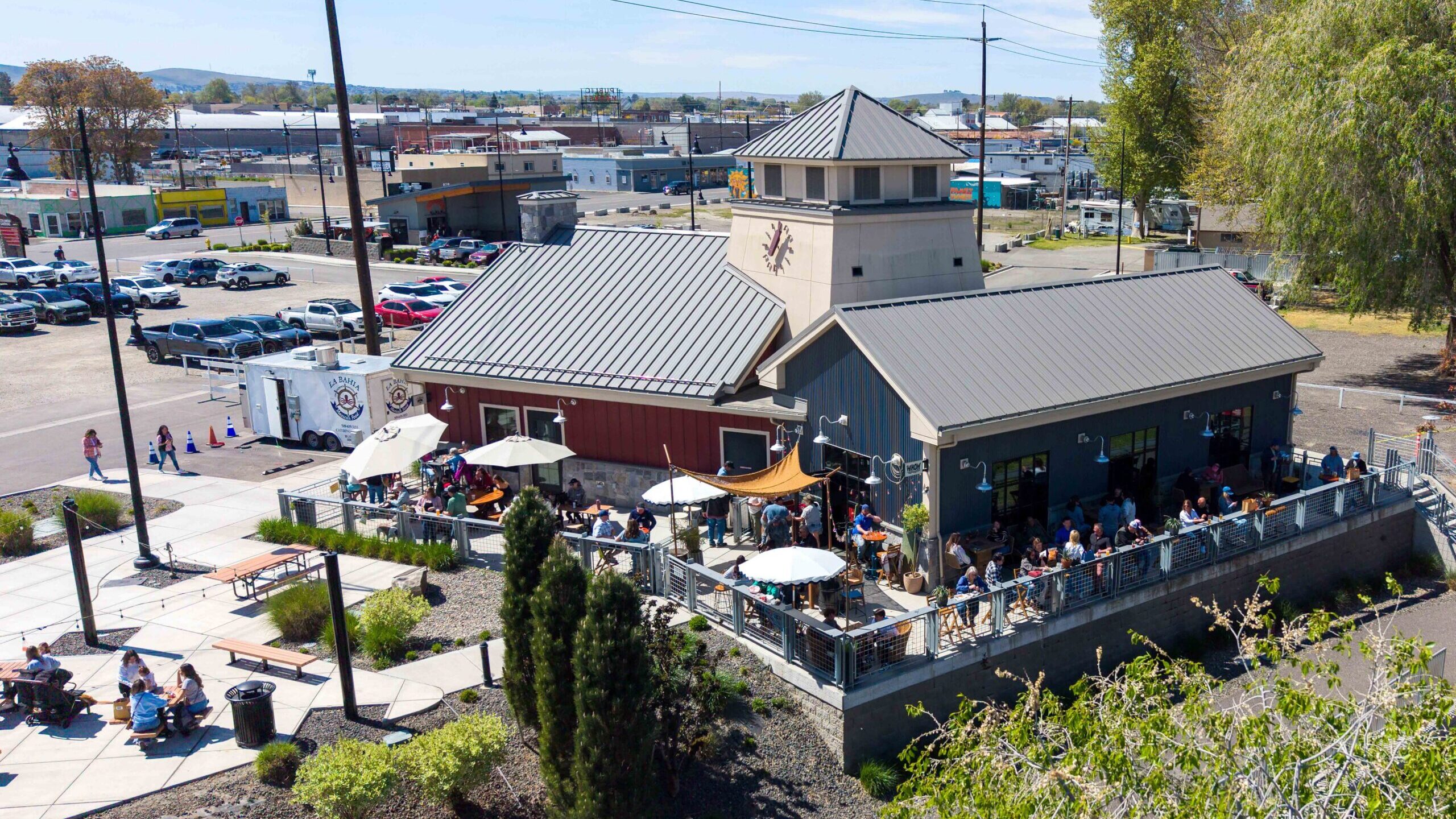 An aerial of the building Brandi Dayton Art and Wheat Head on the Water share at Columbia Gardens Artisan Village.