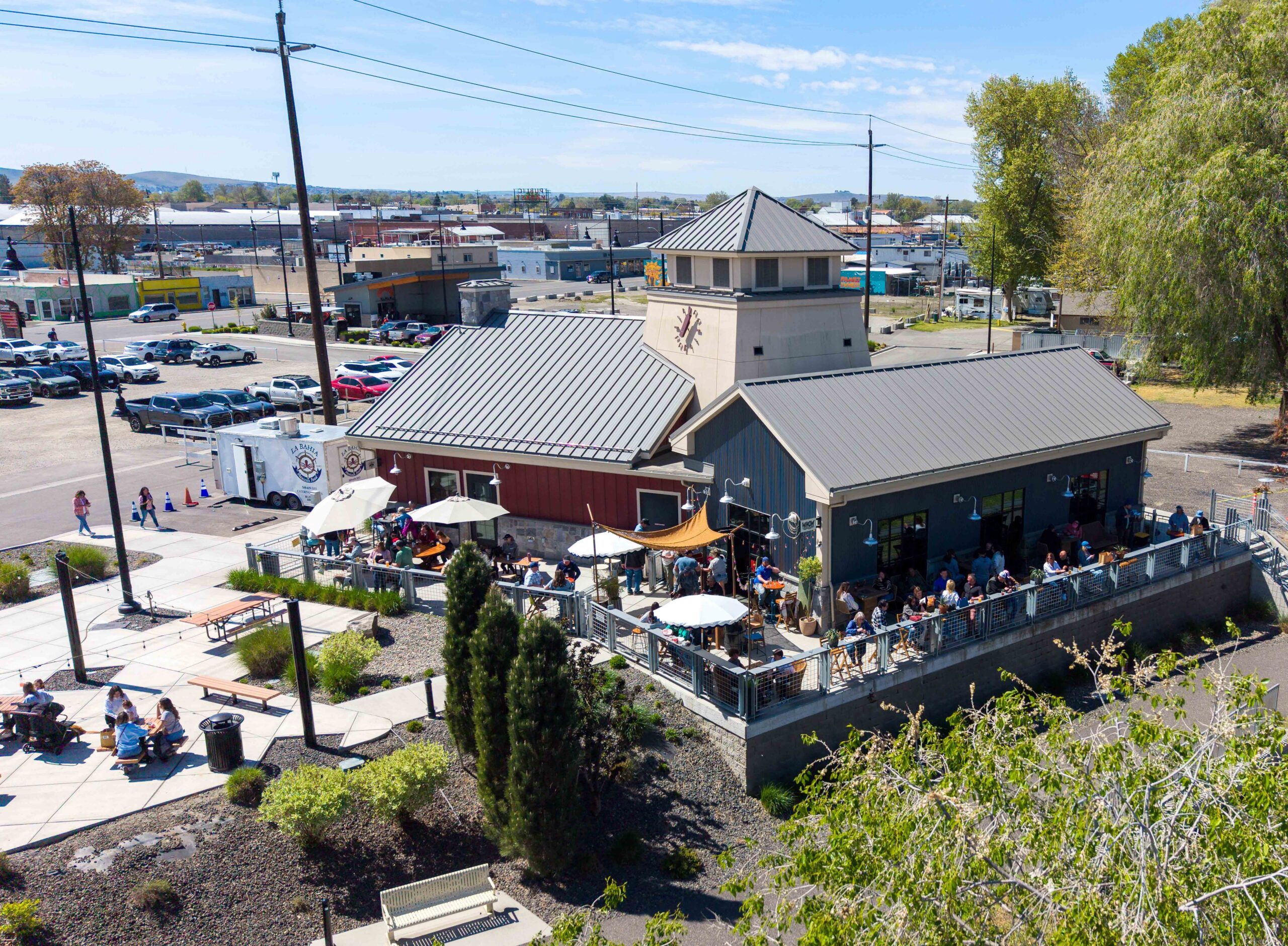 An aerial of the building Brandi Dayton Art and Wheat Head on the Water share at Columbia Gardens Artisan Village.