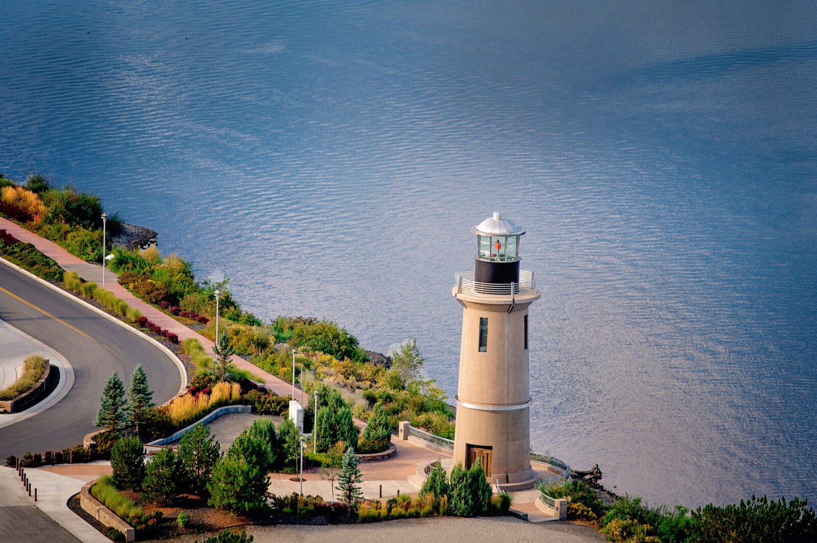 Aerial of the Clover Island lighthouse PATON (private aid to navigation).