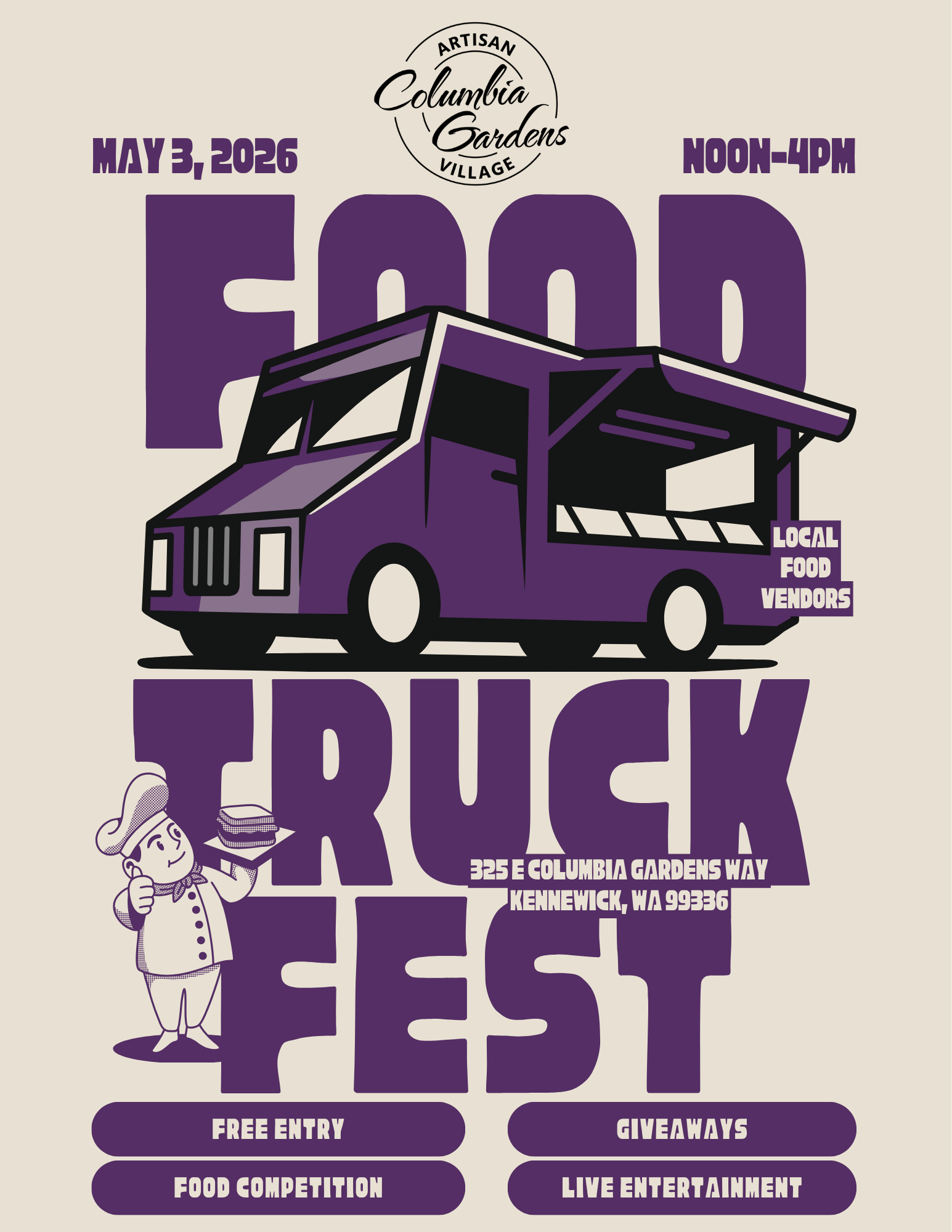Food Truck Fest Flyer at Columbia Gardens Artisan Village 5.3.26
