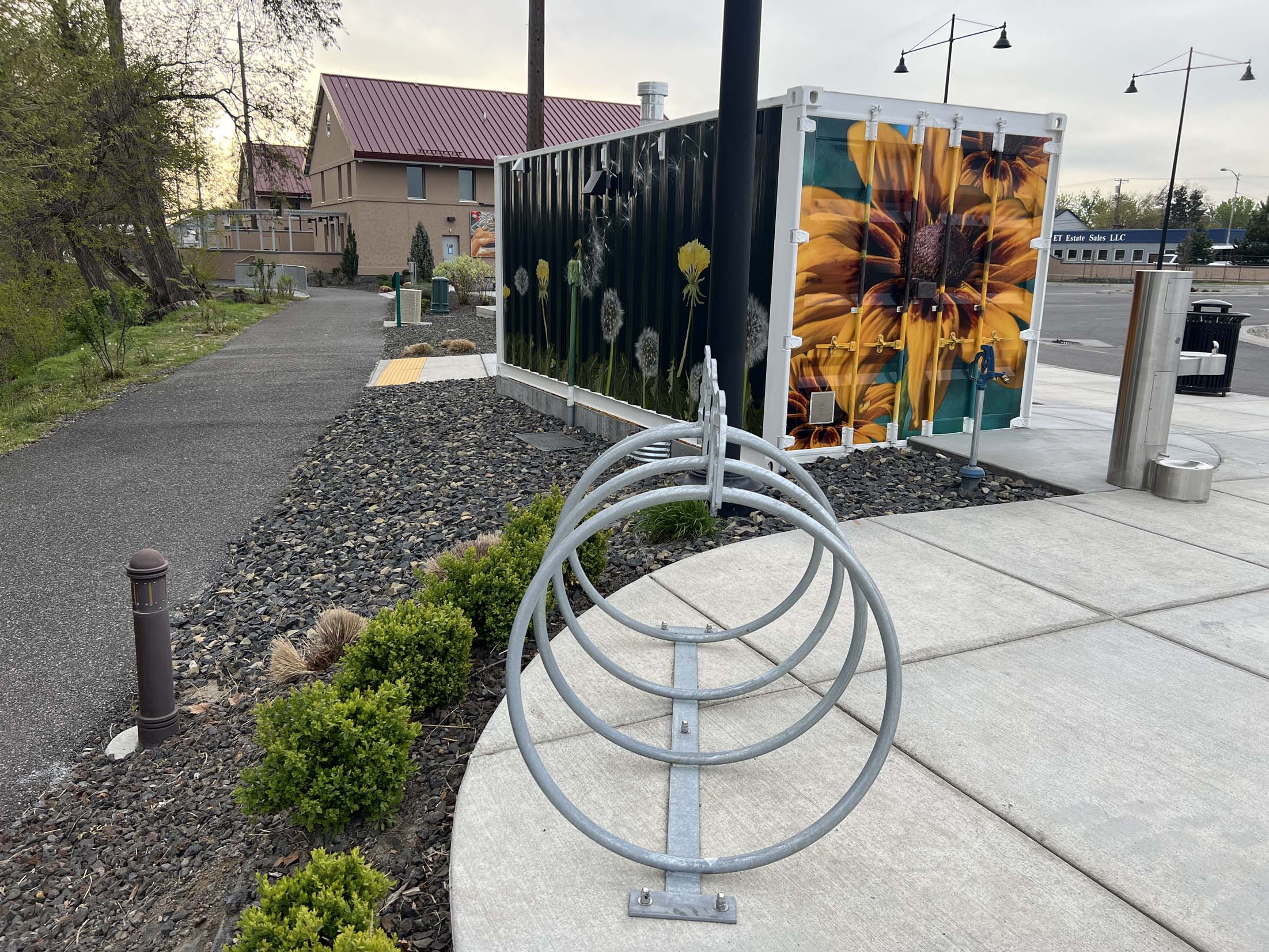 Yellow floret, white puffball dandelions and Black-Eyed Susans span the back and one end of a shipping container art wrap at Columbia Gardens.