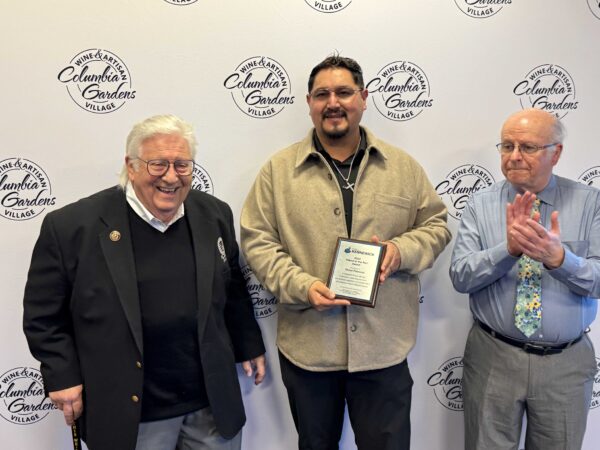 Port of Kennewick Commissioners Skip Novakovich (left) and Thomas Moak (right) stand with Victor Palencia, a 2024 “Friends of the Port” Award honoree.