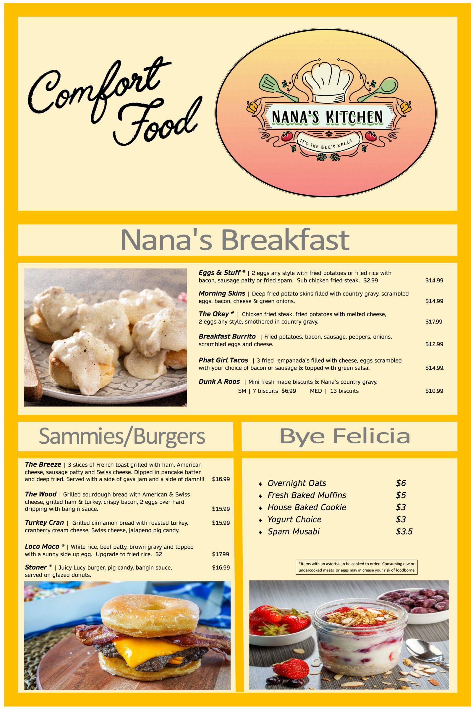 The first page of Nana's Kitchen food truck's menu.