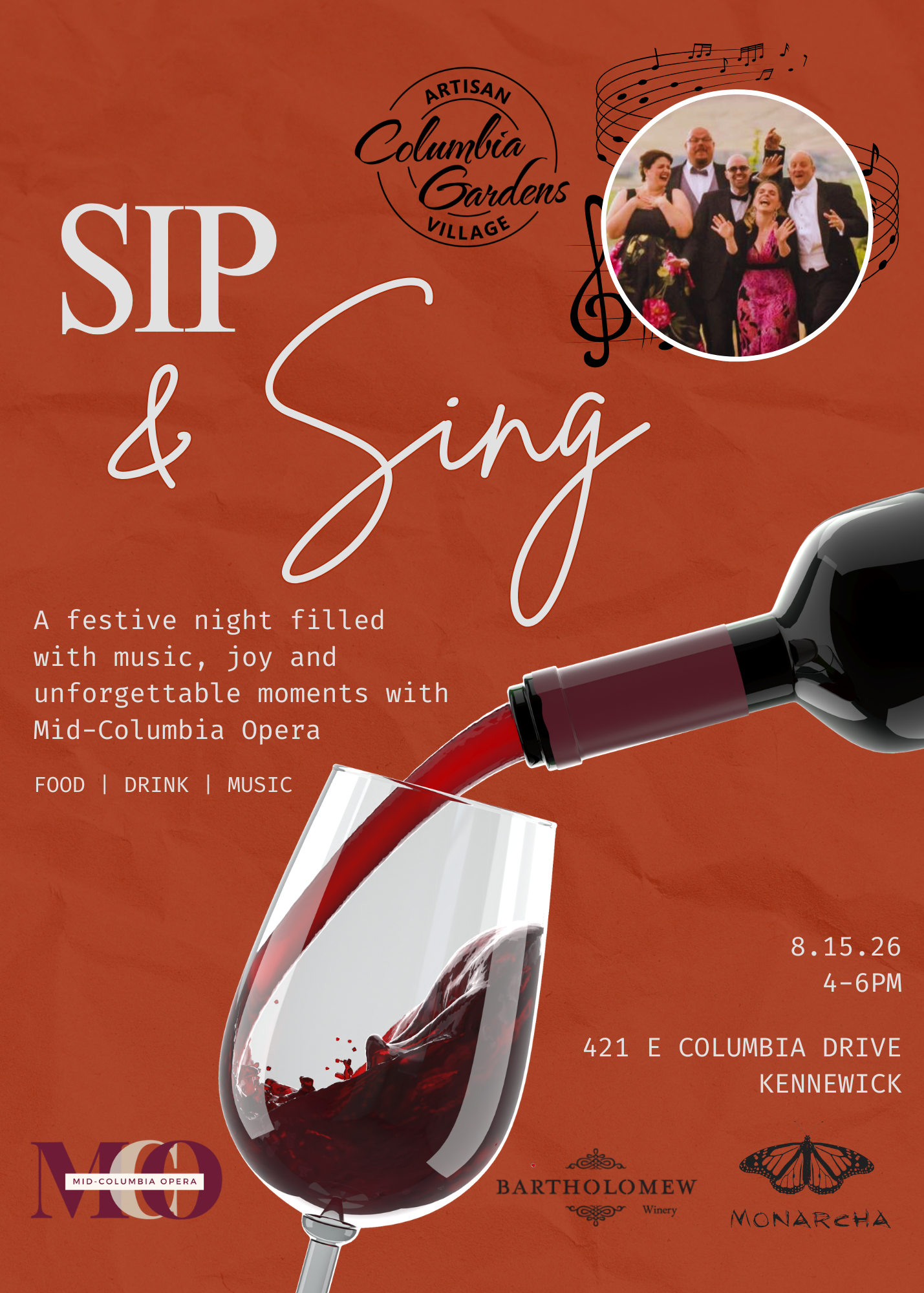 Sip & Sing Event Flyer at Columbia Gardens 8.15.26