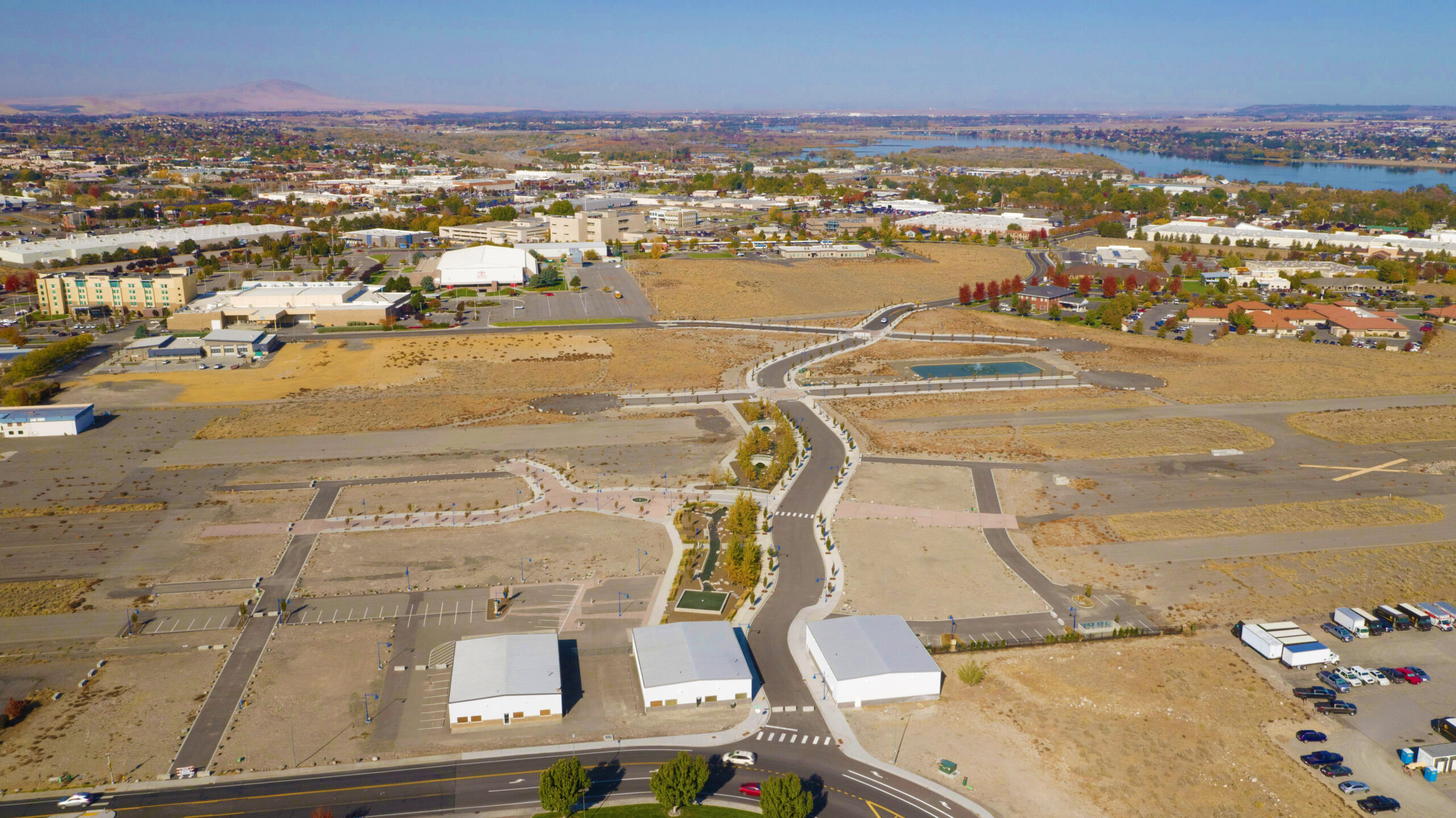 Aerial of Vista Field showing the new roadways, linear stream, landscaping and other phase one infrastructure improvements.
