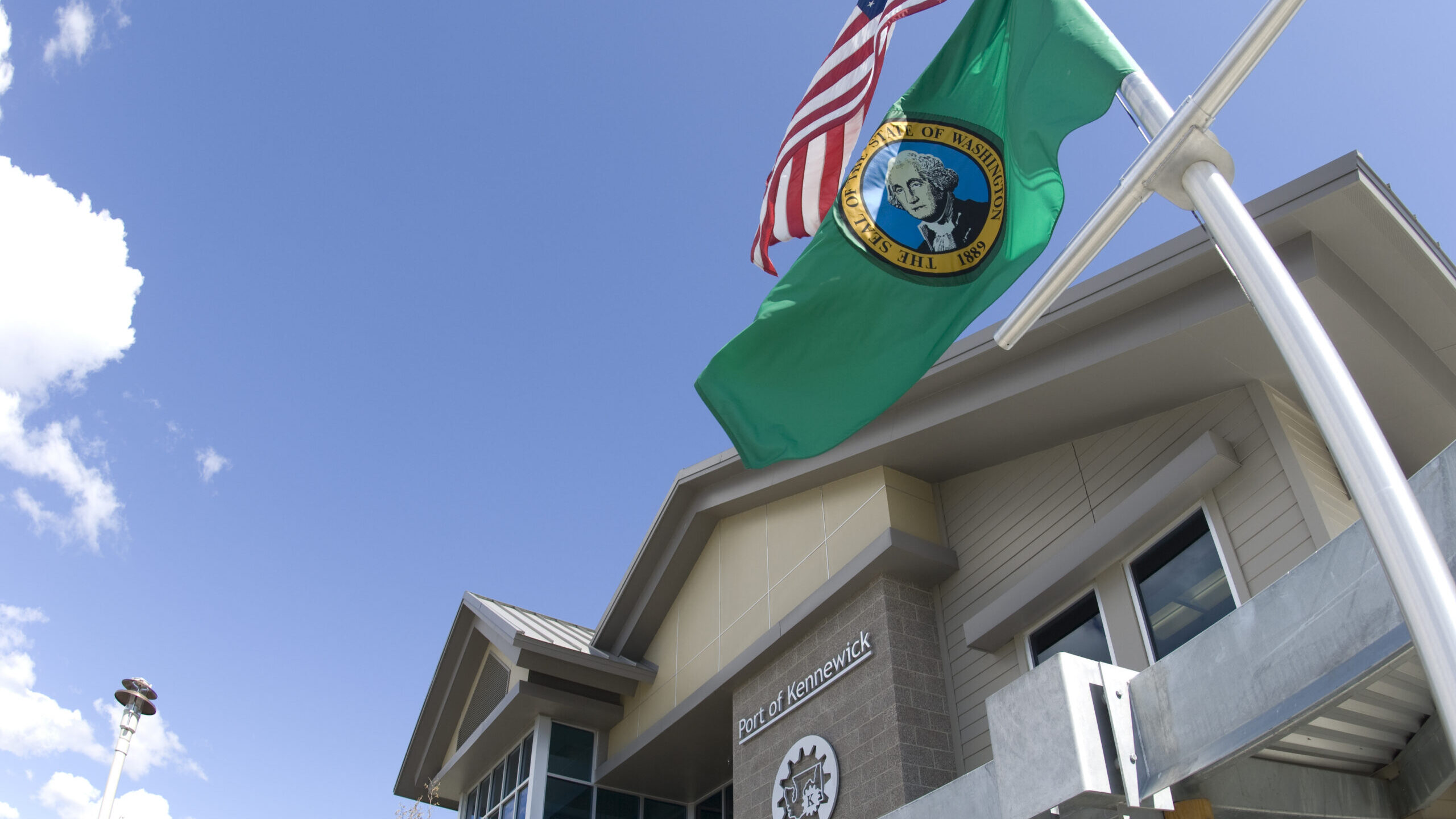 Front of the Port of Kennewick offices building on Clover Island.