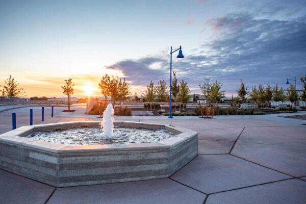 A water feature and gathering space at Vista Field.