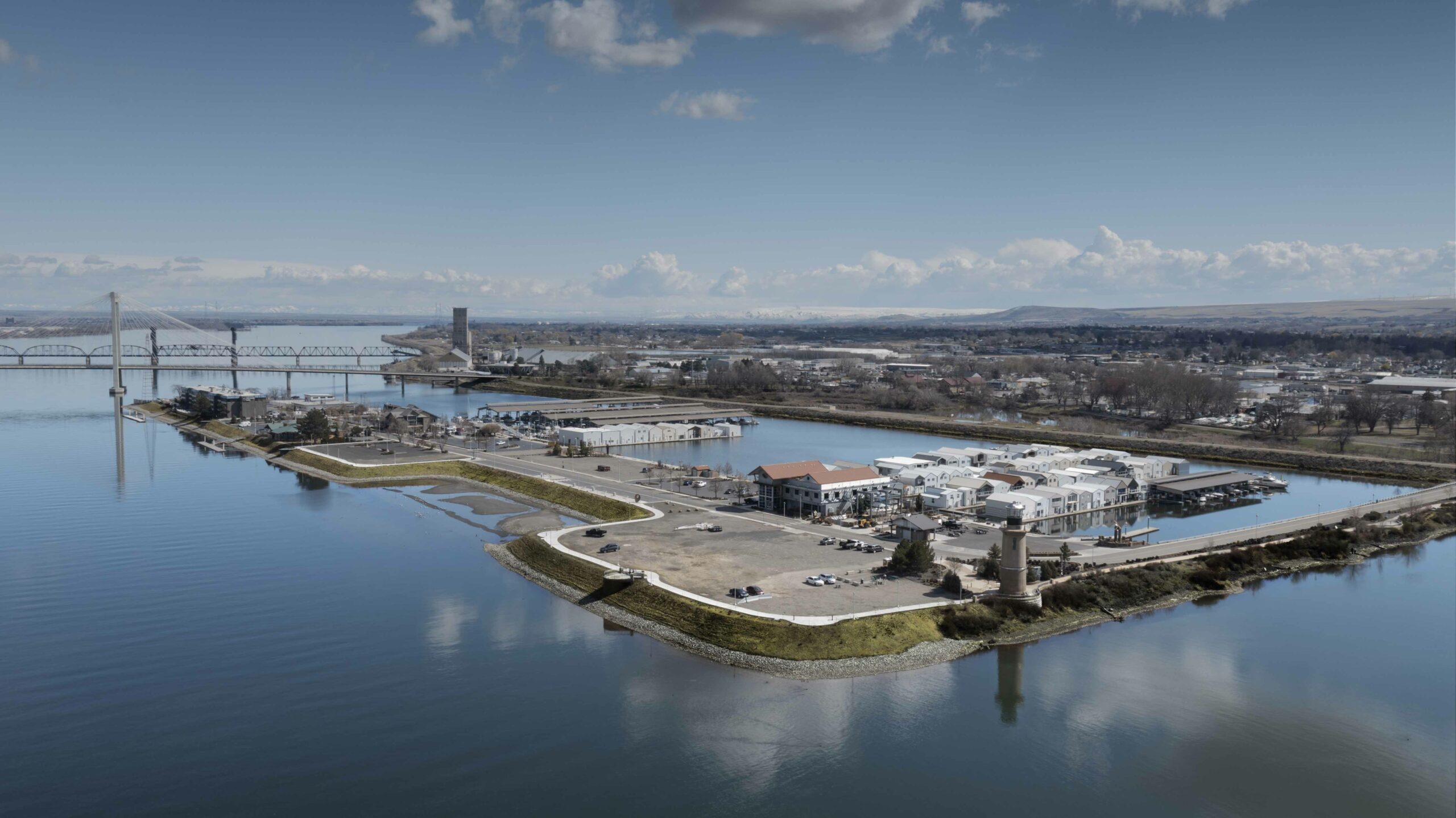 Aerial of Clover Island following the shoreline restoration project improvements.